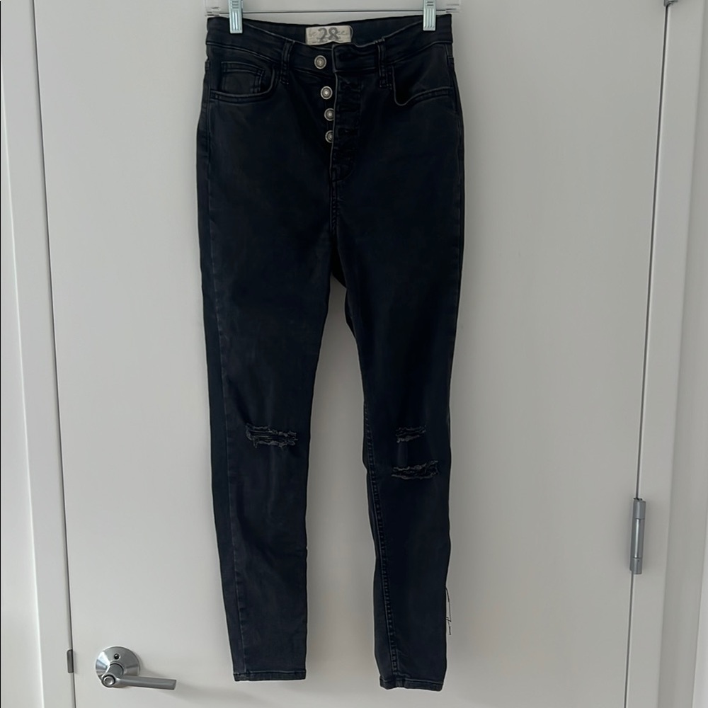 Free People High Rise Black Distressed Skinny Jeans